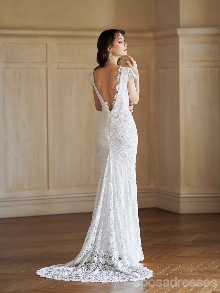 Sexy Mermaid V-neck Open Back Handmade Lace Wedding Dresses,WD807