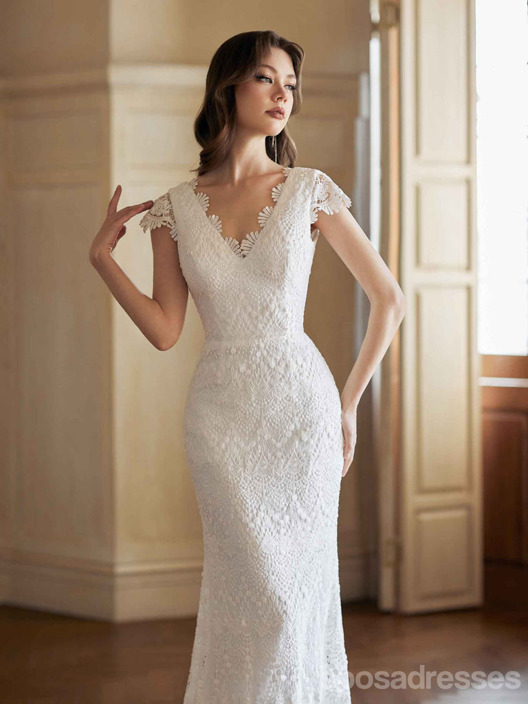 Sexy Mermaid V-neck Open Back Handmade Lace Wedding Dresses,WD807