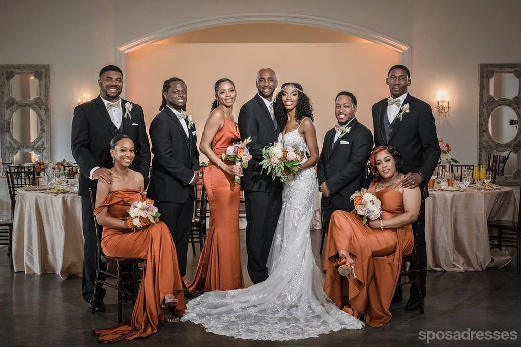 Mismatched Burnt Orange Mermaid Maxi Long Wedding Guest Bridesmaid Dresses,WG1734