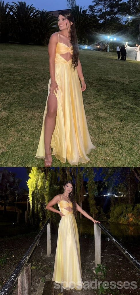Sexy Yellow A-line Side Slit Long Party Prom Dresses Ideas,Evening Gowns,13699