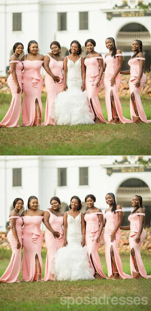 Popular Pink Mermaid Off Shoulder Side Slit Maxi Long Bridesmaid Dresses For Weddin,WG1802