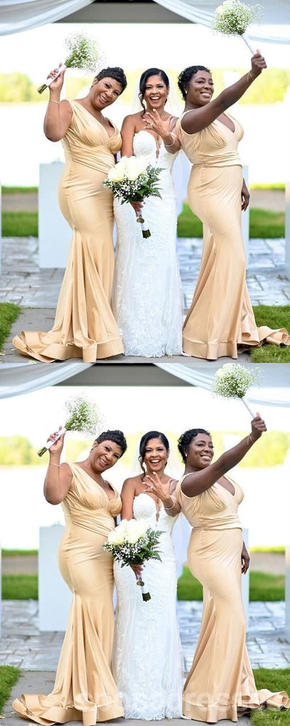 Sexy Champagne Mermaid V-neck Maxi Long Bridesmaid Dresses For Wedding,WG1759