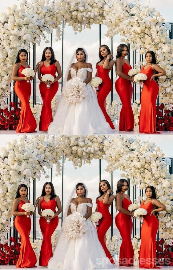 Sexy Red Mermaid Spaghetti Straps V-neck Maxi Long Bridesmaid Dresses,WG1716