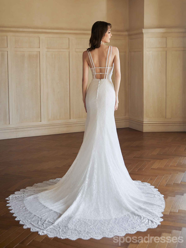 Sexy Mermaid V-neck Open Back Handmade Lace Wedding Dresses,WD810