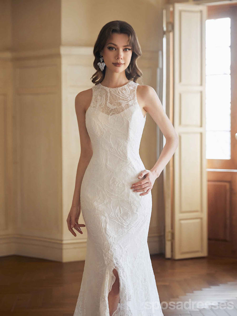 Sexy Mermaid Open Back Jewel Side Slit Handmade Lace Wedding Dresses,WD811