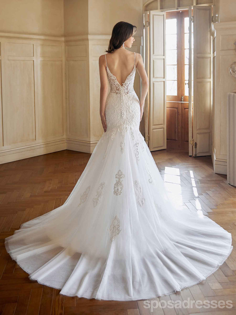 Sexy Mermaid Spaghetti Straps V-neck Handmade Lace Wedding Dresses,WD813