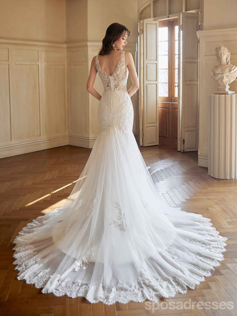 Sexy Mermaid V-neck Maxi Long Handmade Lace Wedding Dresses For Bride,WD816