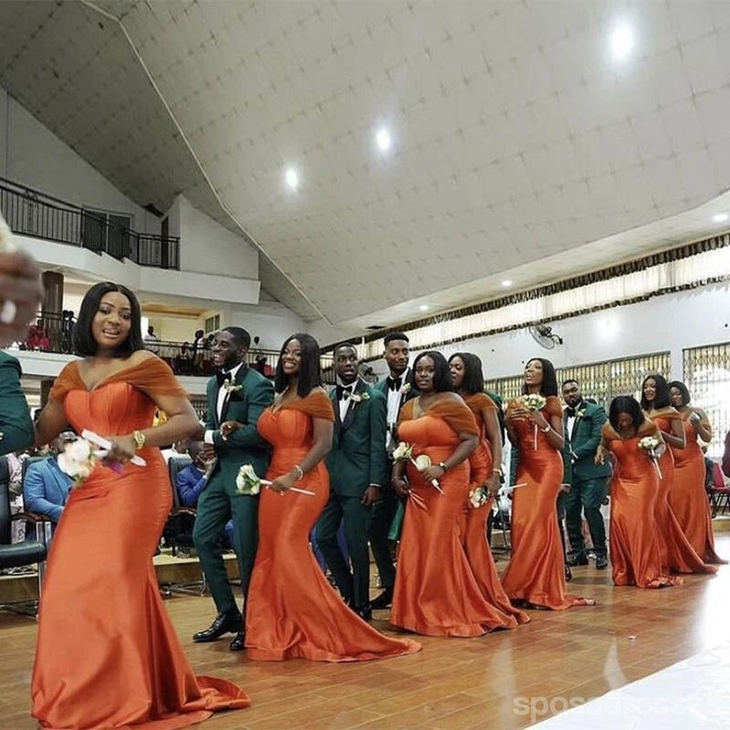 Sexy Burnt Orange Mermaid Off Shoulder Maxi Long Wedding Guest Bridesmaid Dresses,WG1743