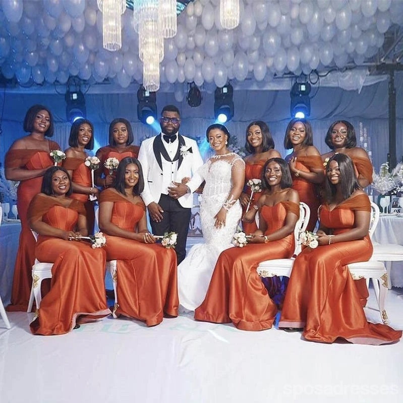 Sexy Burnt Orange Mermaid Off Shoulder Maxi Long Wedding Guest Bridesmaid Dresses,WG1743