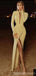 Sexy Yellow Mermaid Long Sleeves V-neck Side Slit Maxi Long Party Prom Dresses,13293