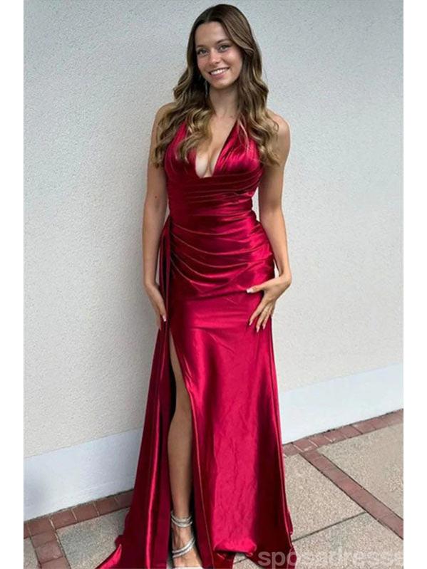 Sexy Red Mermaid V-neck Side Slit Long Party Prom Dresses Ideas,Evening Gowns,13892