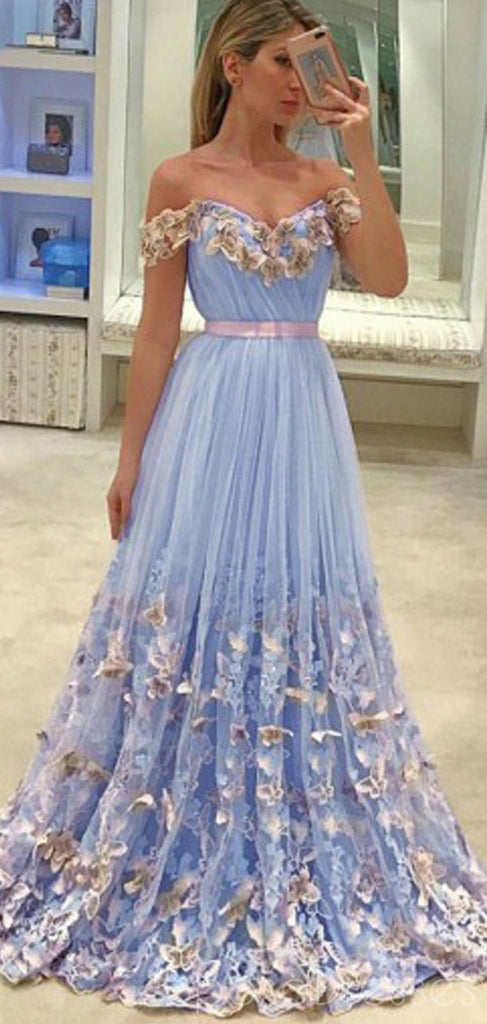 Tulle Off Shoulder A-line Blue Long Prom Dresses, Sweet 16 Prom Dresses, 12384