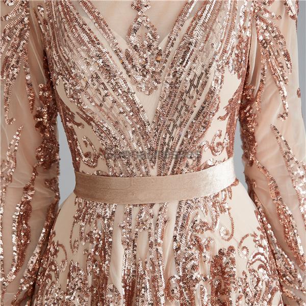 Long Sleeves Sparkly Rose Gold Backless Evening Prom Dresses, Evening Party Prom Dresses, 12111