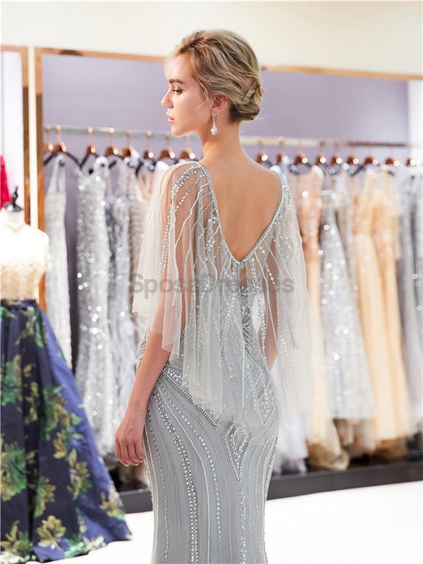 Silver Rhinestone Beaded Mermaid Evening Prom Dresses, Evening Party Prom Dresses, 12031