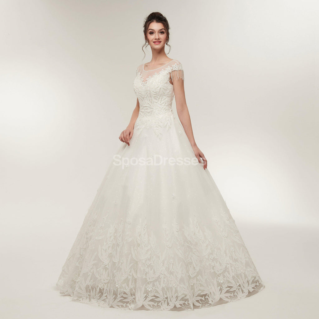 Scoop Cap Sleeves Lace A-line Cheap Wedding Dresses Online, Unique Bridal Dresses, WD570