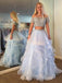 Two Pieces Off Shoulder Beaded Tulle Ruffle A-line Long Evening Prom Dresses, 17600