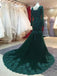Long Sleeve Lace Mermaid Emerald Green Long Evening Prom Dresses, 17630