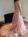 Blush Pink Lace Beaded A-line Long Evening Prom Dresses, 17631