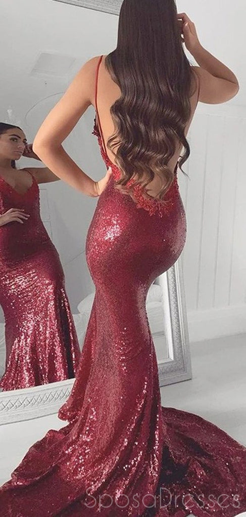 Mermaid V Neck Spaghetti Straps Long Prom Dresses, Sweet 16 Prom Dresses, 12425