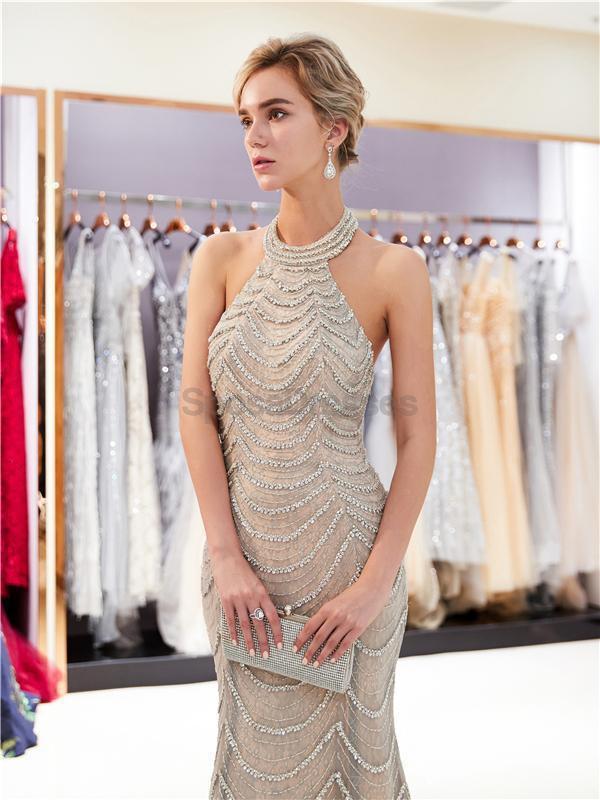 Halter Backless Heavily Beaded Mermaid Evening Prom Dresses, Evening Party Prom Dresses, 12032