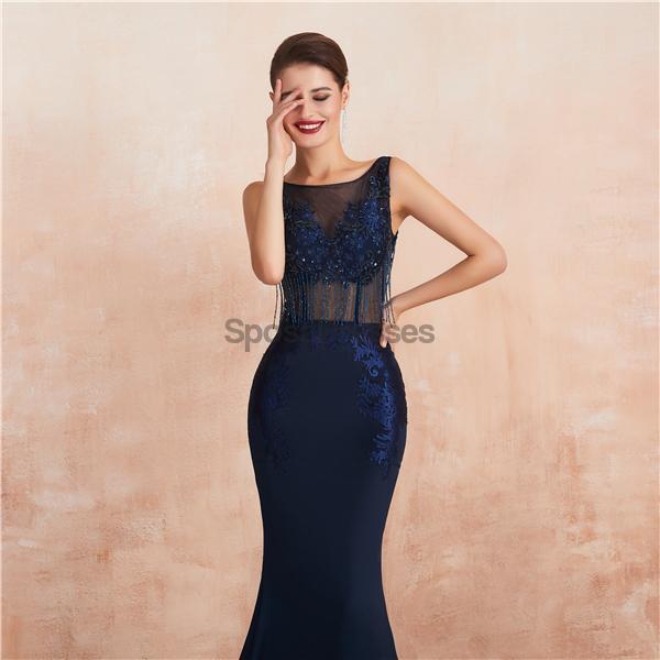 Sexy Scoop Backless Navy Beaded Long Evening Prom Dresses, Evening Party Prom Dresses, 12131