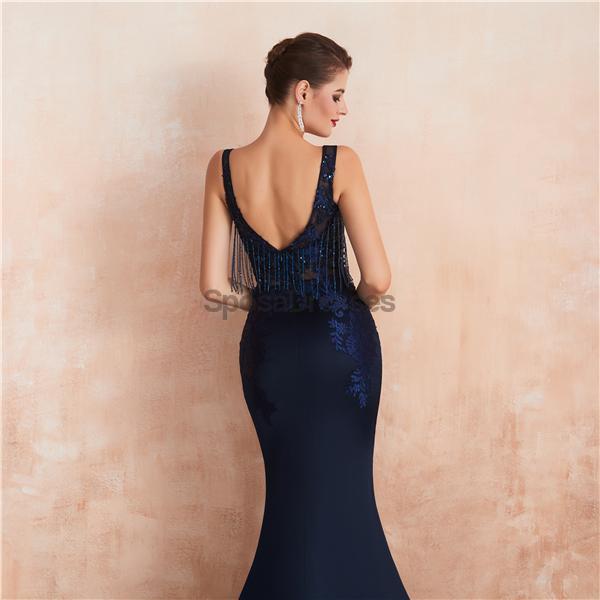 Sexy Scoop Backless Navy Beaded Long Evening Prom Dresses, Evening Party Prom Dresses, 12131