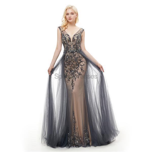 Grey V Neck Open Back Beaded A-line Evening Prom Dresses, Evening Party Prom Dresses, 12050