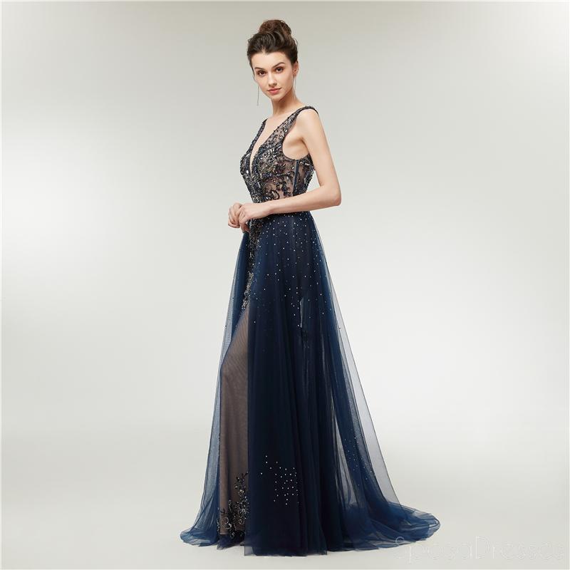 Sexy Backless V Neck Heavily Beaded Navy Long Evening Prom Dresses, Evening Party Prom Dresses, 12006