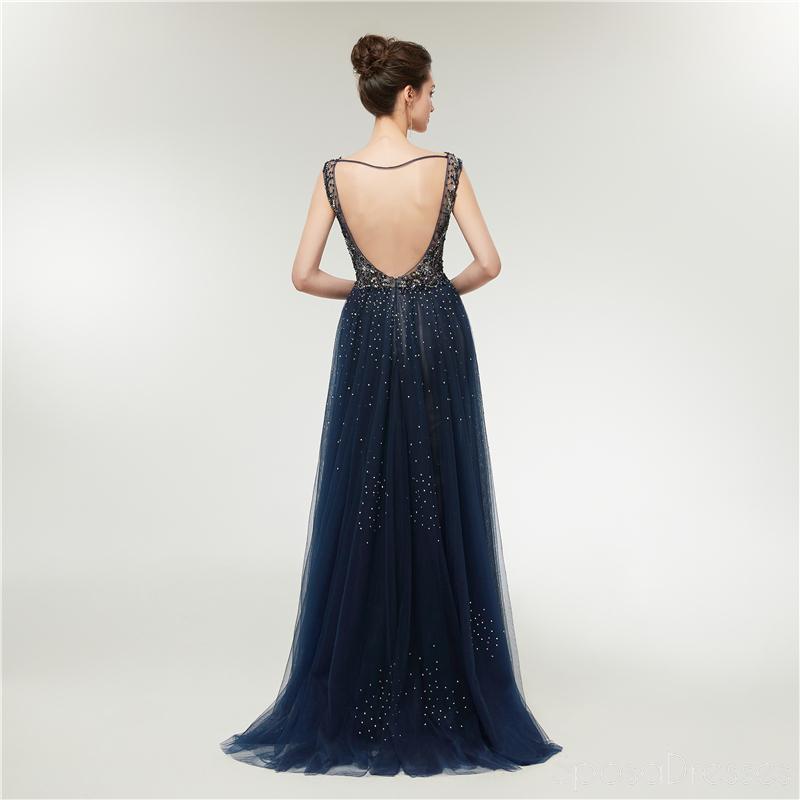 Sexy Backless V Neck Heavily Beaded Navy Long Evening Prom Dresses, Evening Party Prom Dresses, 12006