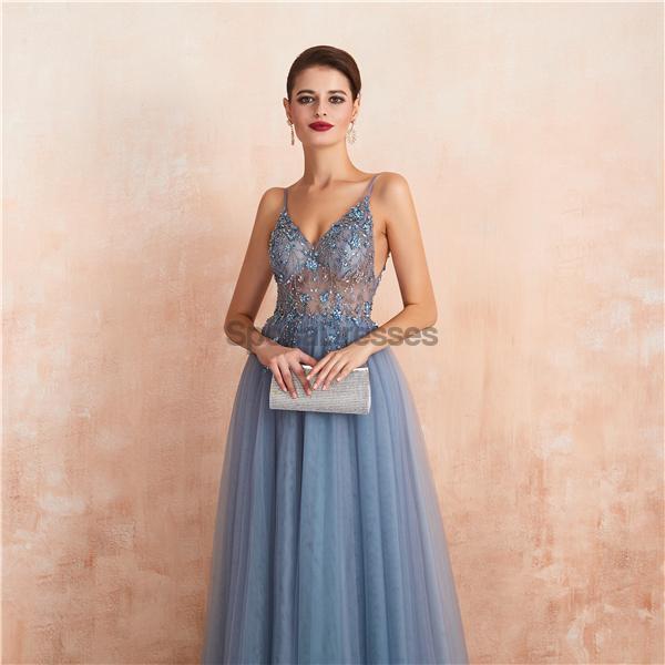 Spaghetti Straps See Through Beaded A-line Long Evening Prom Dresses, Evening Party Prom Dresses, 12135