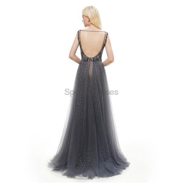 Grey V Neck Open Back Beaded A-line Evening Prom Dresses, Evening Party Prom Dresses, 12050
