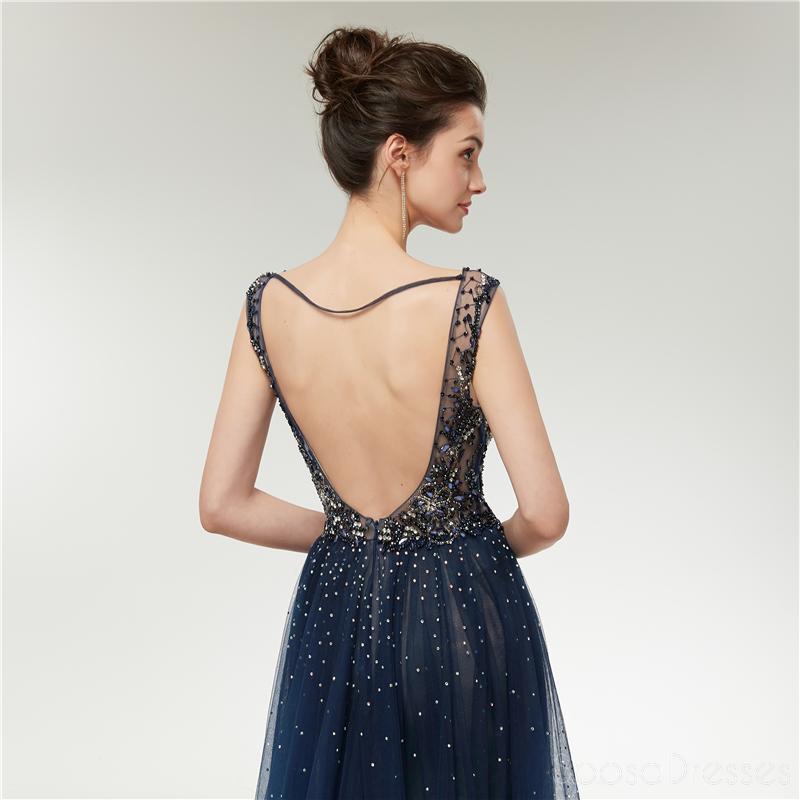Sexy Backless V Neck Heavily Beaded Navy Long Evening Prom Dresses, Evening Party Prom Dresses, 12006