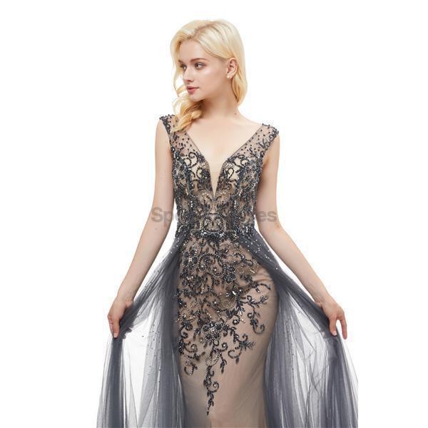 Grey V Neck Open Back Beaded A-line Evening Prom Dresses, Evening Party Prom Dresses, 12050
