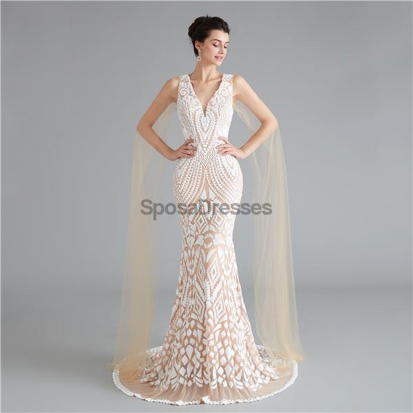 V Neck Unique Sleeves Mermaid Sequin Evening Prom Dresses, Evening Party Prom Dresses, 12118