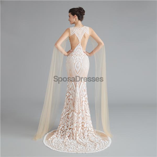 V Neck Unique Sleeves Mermaid Sequin Evening Prom Dresses, Evening Party Prom Dresses, 12118