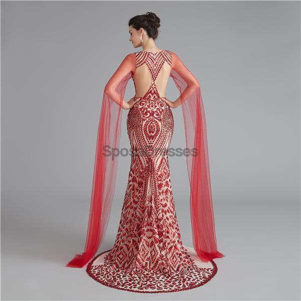 V Neck Unique Sleeves Mermaid Sequin Evening Prom Dresses, Evening Party Prom Dresses, 12118