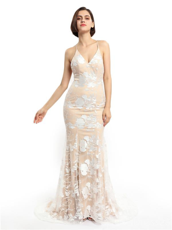 Spaghetti Straps Lace Mermaid Champagne Cheap Long Evening Prom Dresses, Evening Party Prom Dresses, 12149