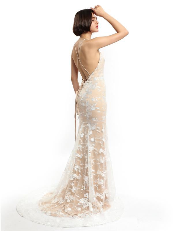 Spaghetti Straps Lace Mermaid Champagne Cheap Long Evening Prom Dresses, Evening Party Prom Dresses, 12149