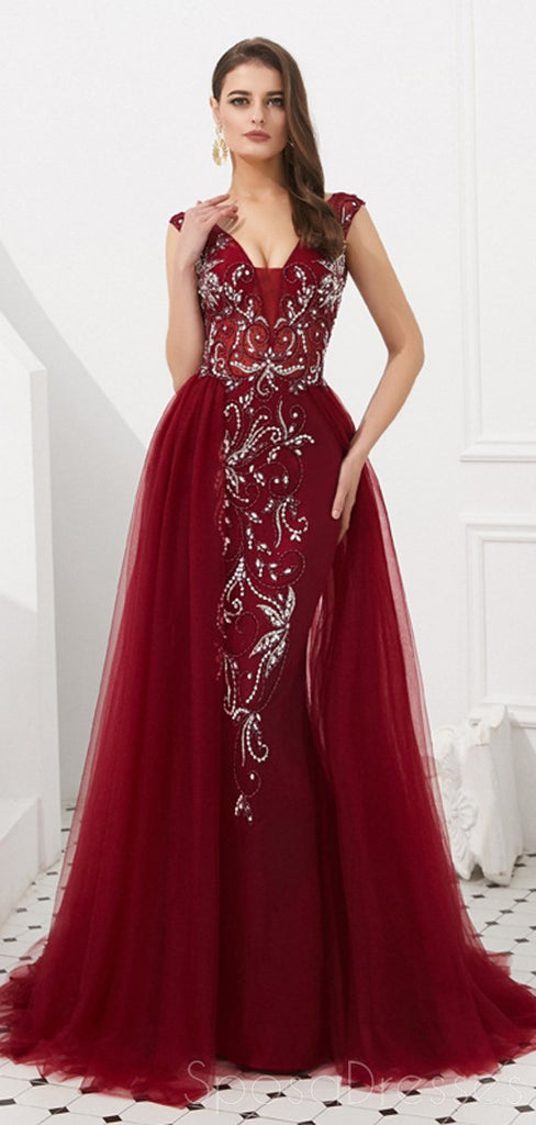 Sexy Backless V Neck Grey Beaded Evening Prom Dresses, Evening Party Prom Dresses, 12077