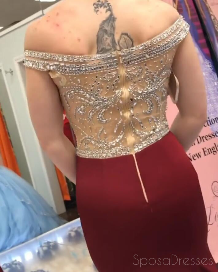 Sexy Gold Beaded Maroon Mermaid Long Cheap Evening Prom Dresses, 17487