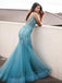 Turquoise See Through V Neck Mermaid Long Evening Prom Dresses, 17543