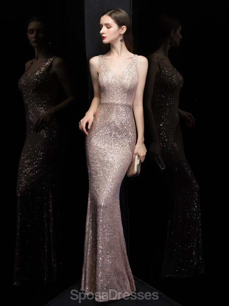 Sexy Mermaid  V Neck Champagne Gold Long Evening Prom Dresses, Evening Party Prom Dresses, 12319
