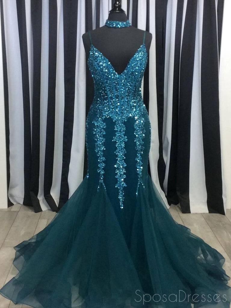 Turquoise See Through V Neck Mermaid Long Evening Prom Dresses, 17543