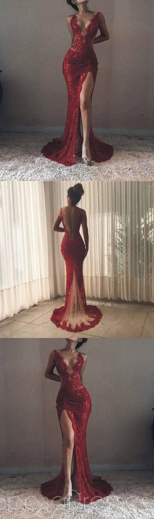 Sexy Backless Maroon Lace Side Slit Deep V Neckline Mermaid Long Evening Prom Dresses, 17531