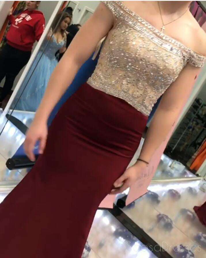 Sexy Gold Beaded Maroon Mermaid Long Cheap Evening Prom Dresses, 17487