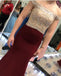 Sexy Gold Beaded Maroon Mermaid Long Cheap Evening Prom Dresses, 17487