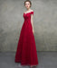 Off Shoulder Red Lace Beaded A-line Long Evening Prom Dresses, Evening Party Prom Dresses, 12328
