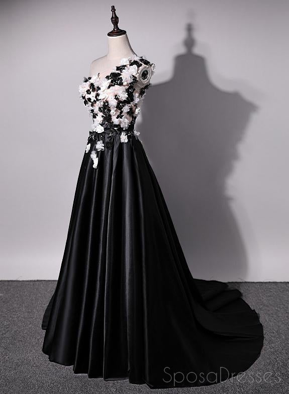 One Shoulder Handmade Flower Black A-line Long Evening Prom Dresses, 17624