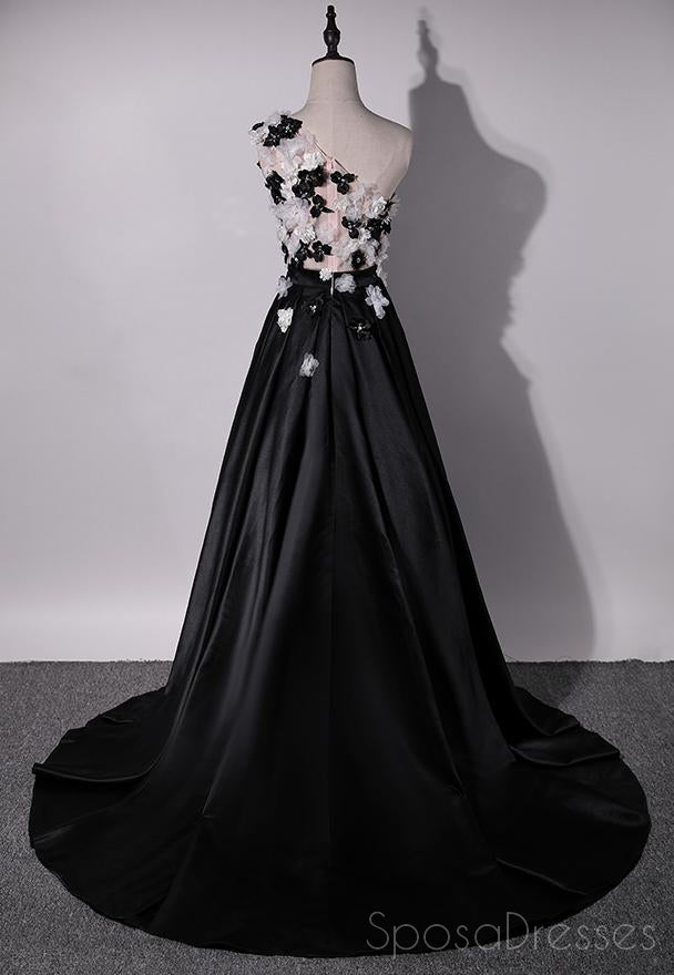 One Shoulder Handmade Flower Black A-line Long Evening Prom Dresses, 17624