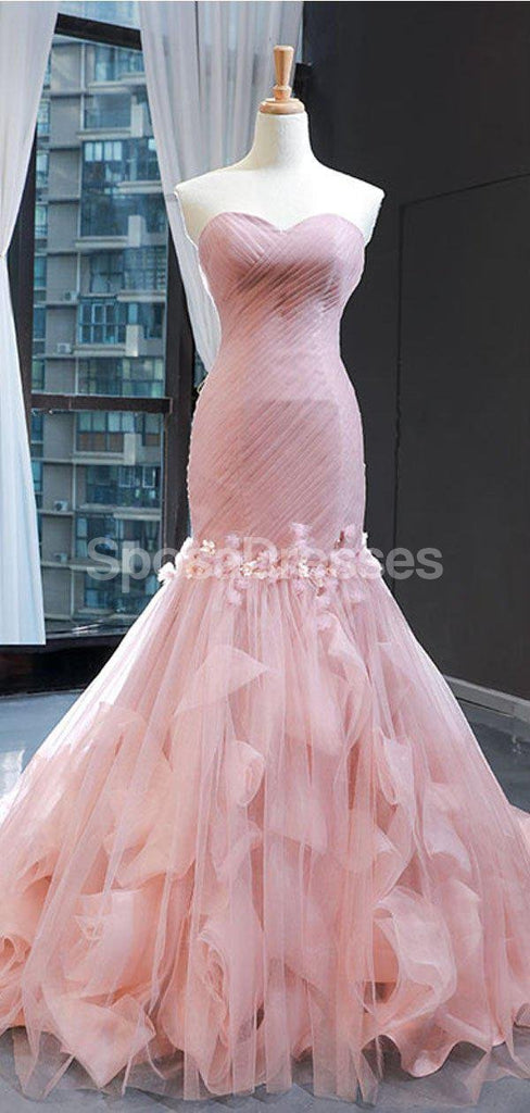 Sweetheart Mermaid Peach Ruffles Flower Evening Prom Dresses, Evening Party Prom Dresses, 12256